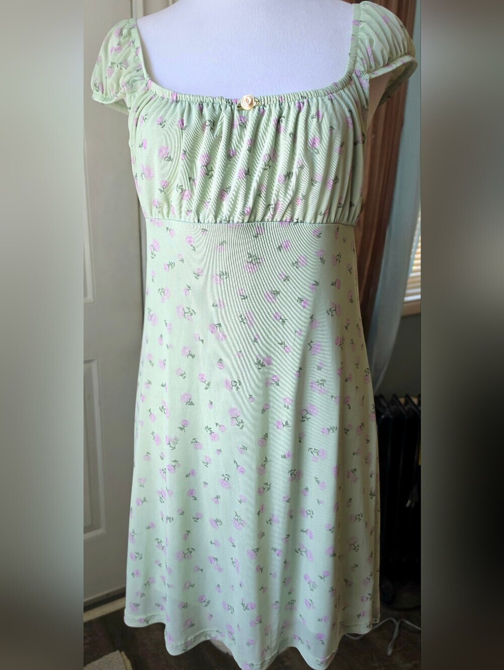 Hippie Rose Mint Green 90s Fairycore Midi Dress W/ Pink Floral Print Juniors L